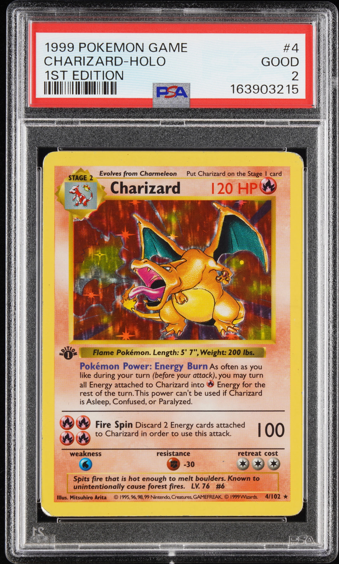 1999 Charizard Holo 4/102 1st Edition Shadowless - PSA 2