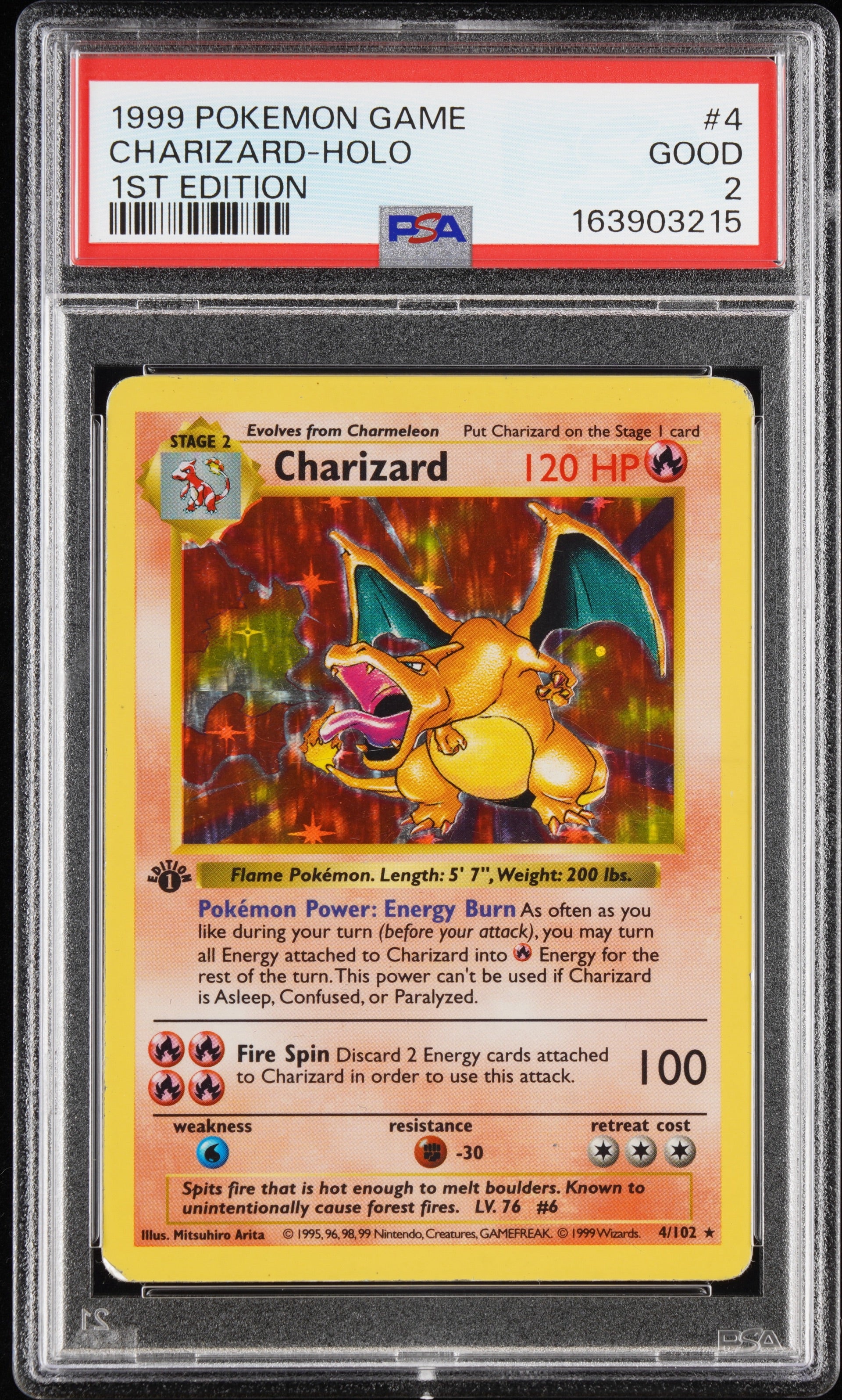 1999 Charizard Holo 4/102 1st Edition Shadowless - PSA 2