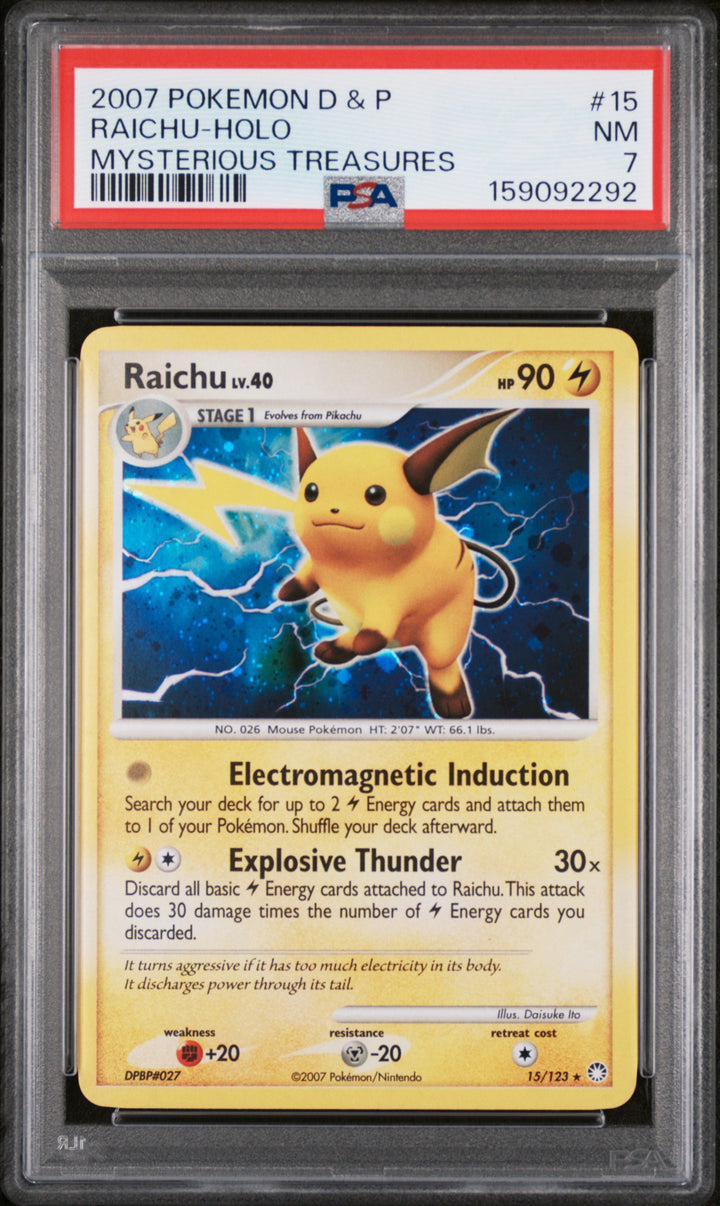 Mysterious Treasures Raichu Holo 15/123 - PSA 7- HOLO BLEED